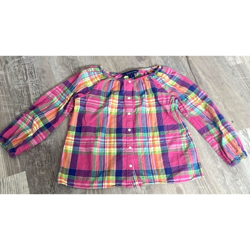 Ralph Lauren Girls Plaid Button Front Shirt Long Sleeve Cotton Top Size 5